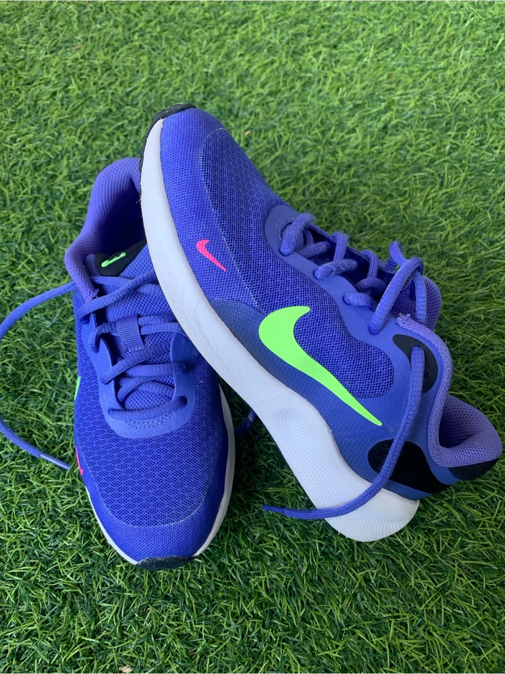 Nike Kids Royal Purple Sneakers with Neon Green Swoosh and Pink Accent